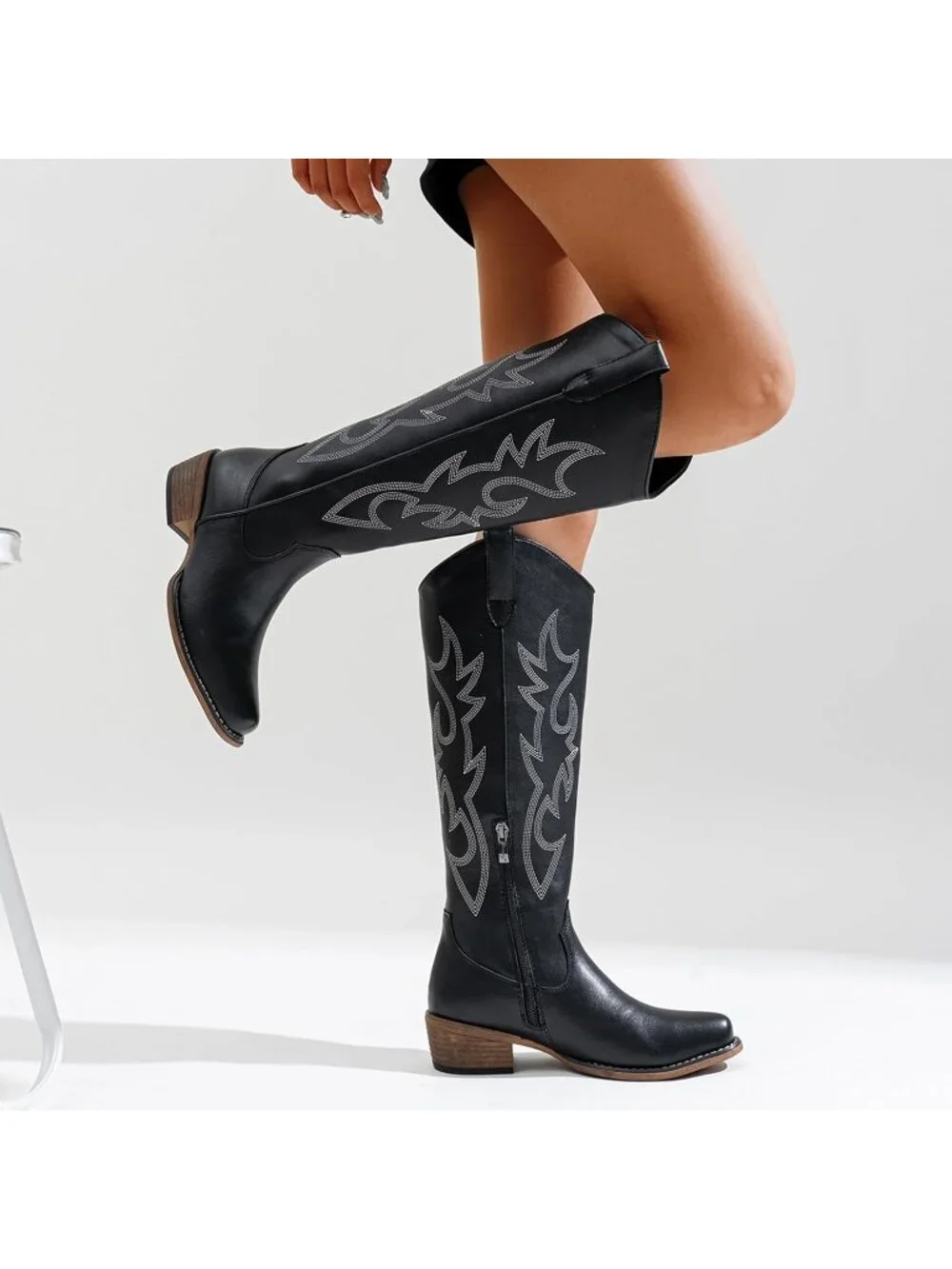Women's Black Knee High Western Tall Round Toe Side Zipper Low Heel Cowgirl Boot